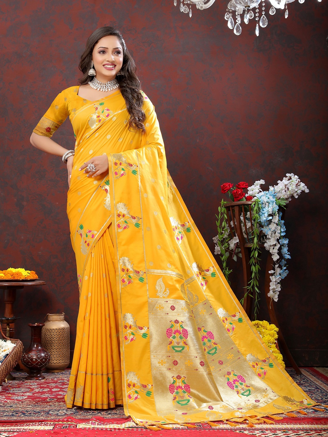 

OFLINE SELECTION Polka Dot Zari Silk Paithani Saree, Mustard