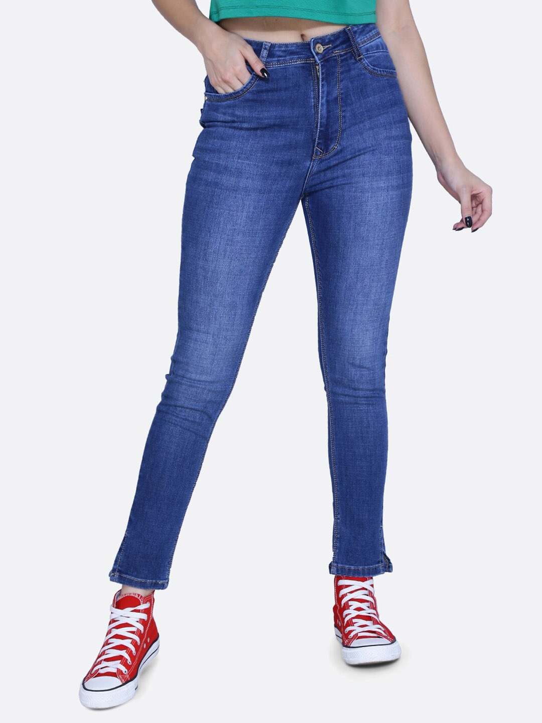 

FCK-3 Women Hottie Skinny Fit High-Rise Dark Shade Light Fade Clean Look Stretchable Jeans, Navy blue