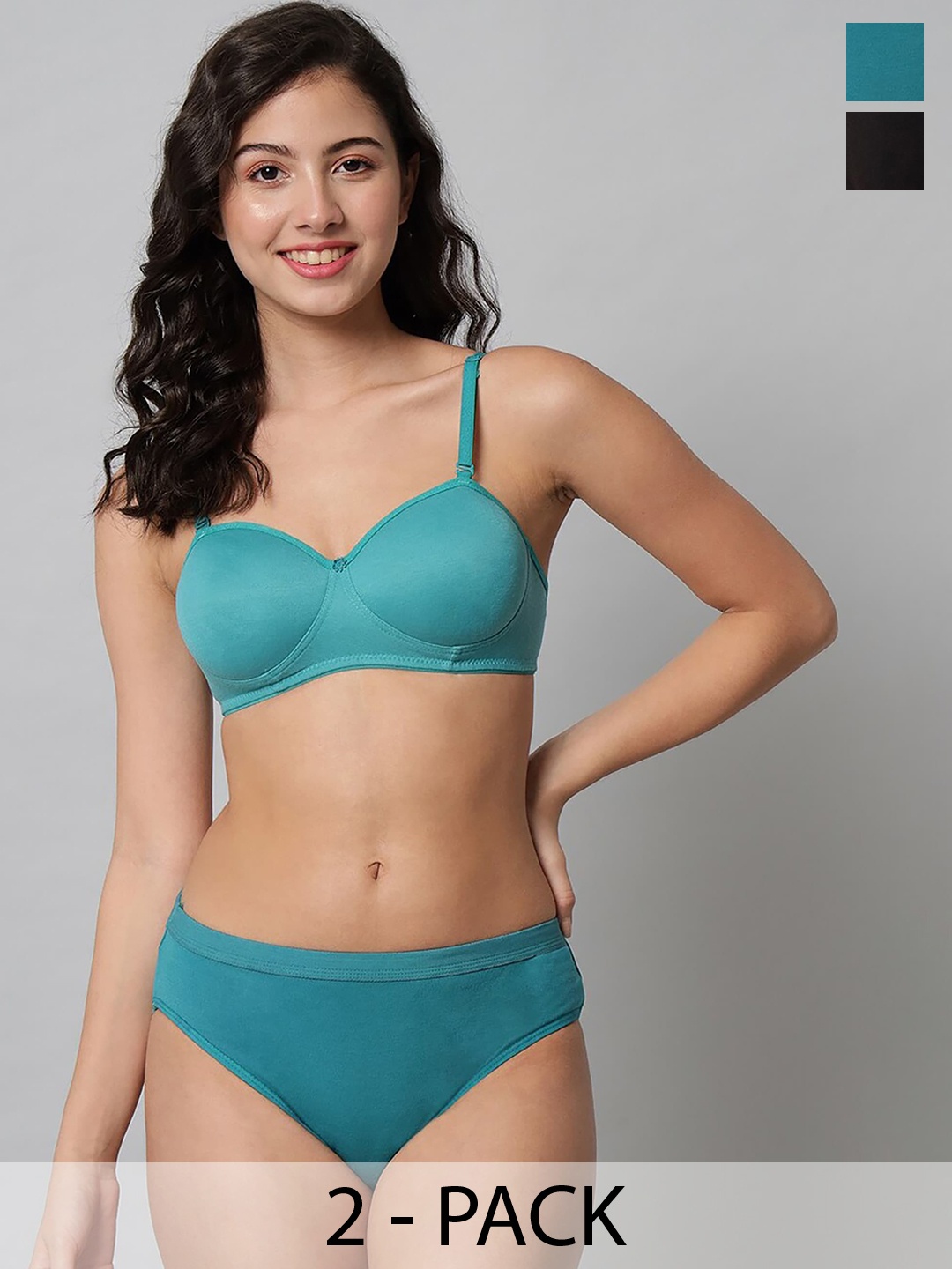 

PIBU Pack Of 2 Cotton Non Padded Bra & Mid-Rise Brief, Green
