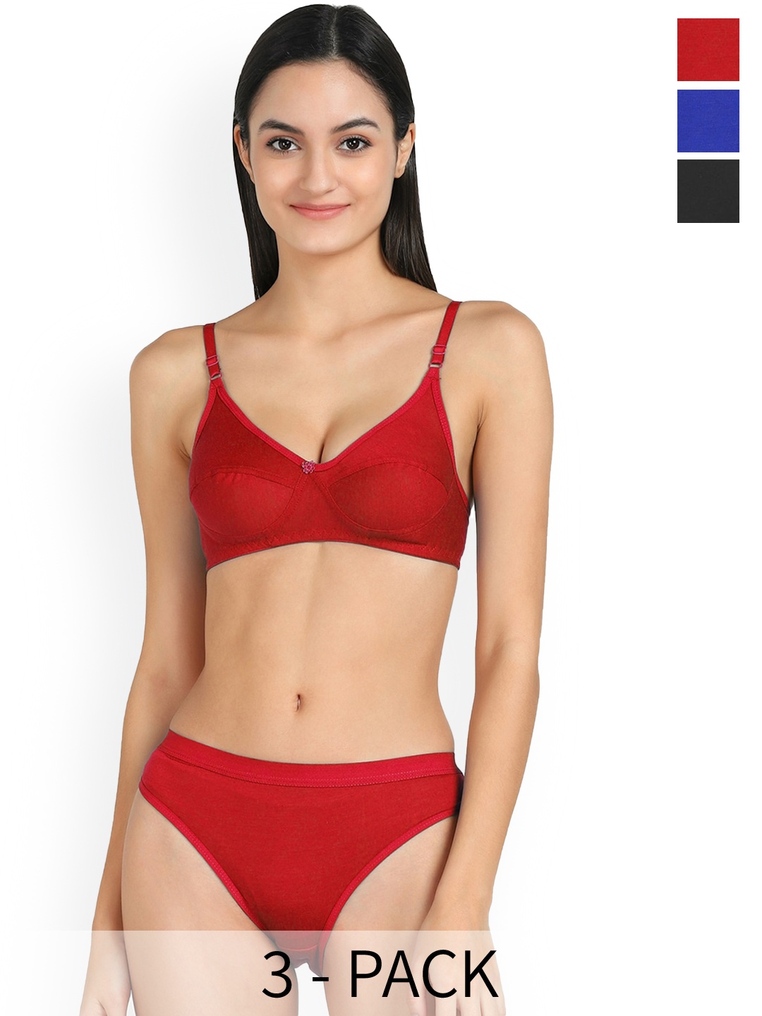 

PIBU Pack Of 3 Cotton Lingerie Set, Red