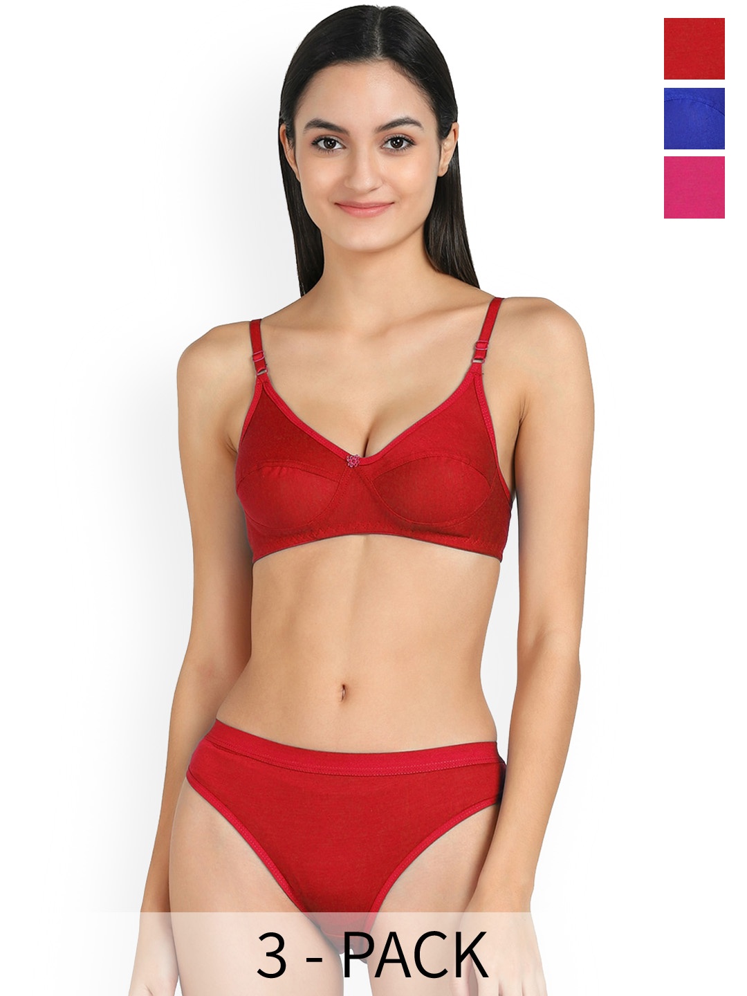 

PIBU Pack Of 3 Cotton Non Padded Bra & Mid-Rise Brief, Red