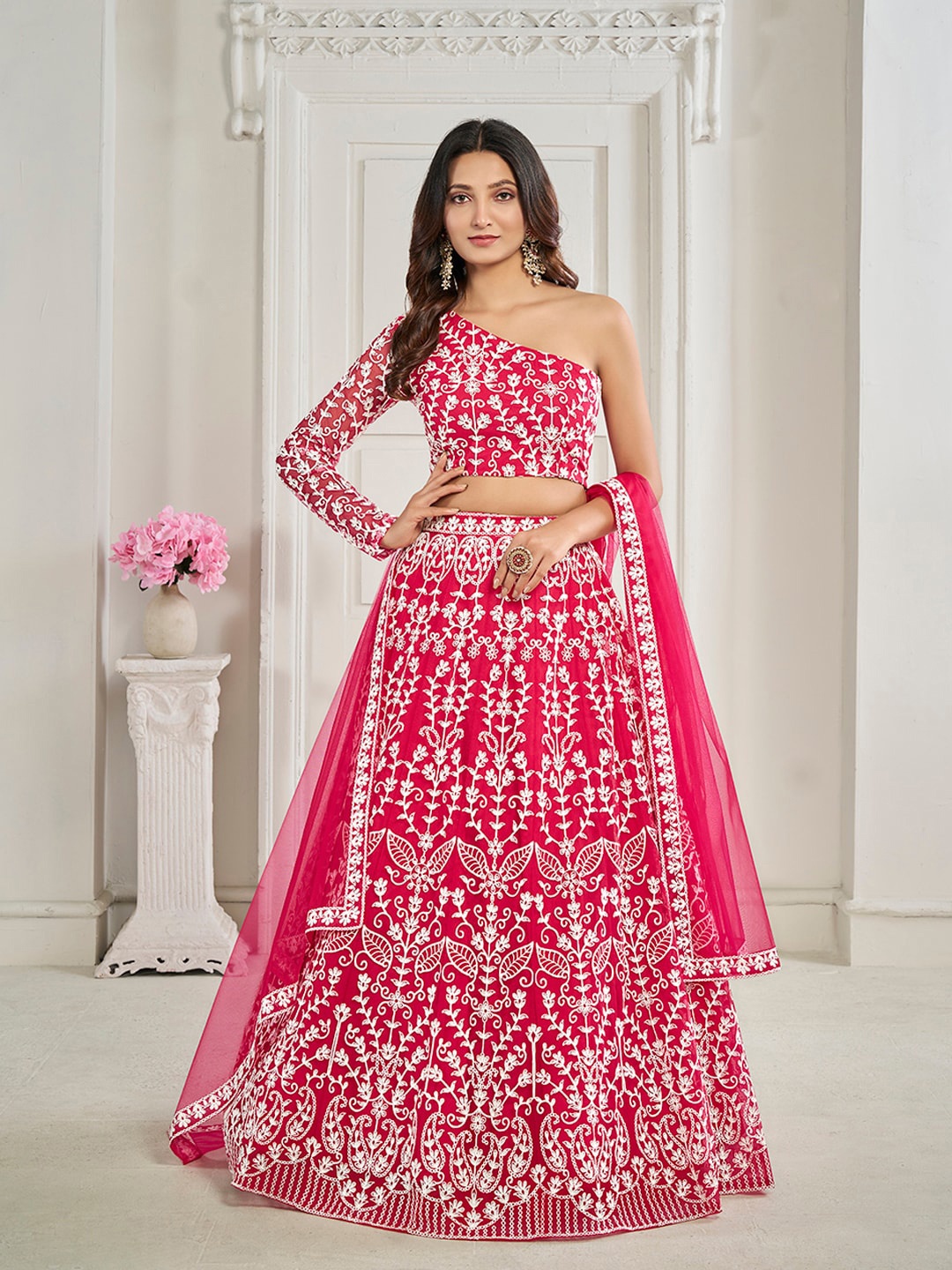 

Inddus Pink Embroidered Net Semi-Stitched Lehenga & Unstitched Blouse With Dupatta