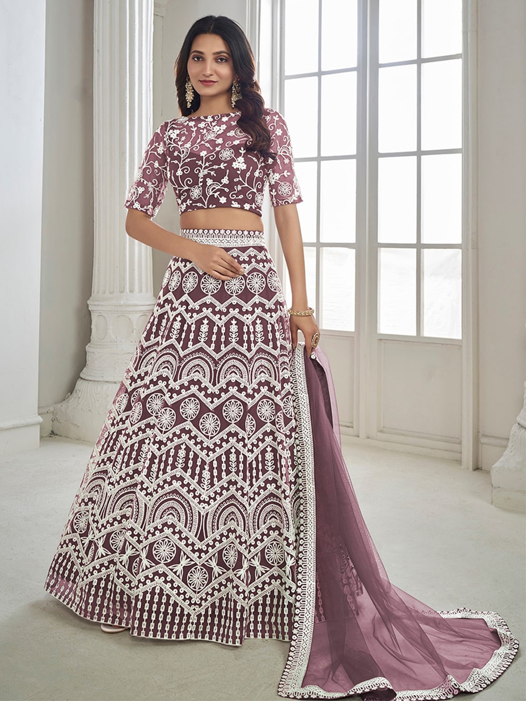 

Inddus Embroidered Semi-Stitched Lehenga & Unstitched Blouse With Dupatta, Mauve