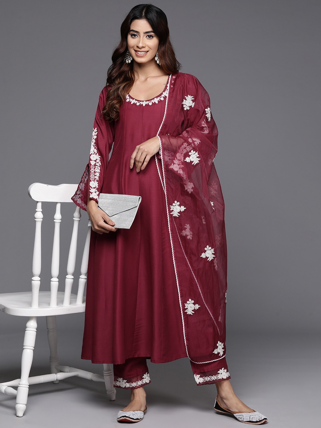 

Varanga Women Embroidered Thread Work Anarkali Kurta with Trousers & With Dupatta, Maroon