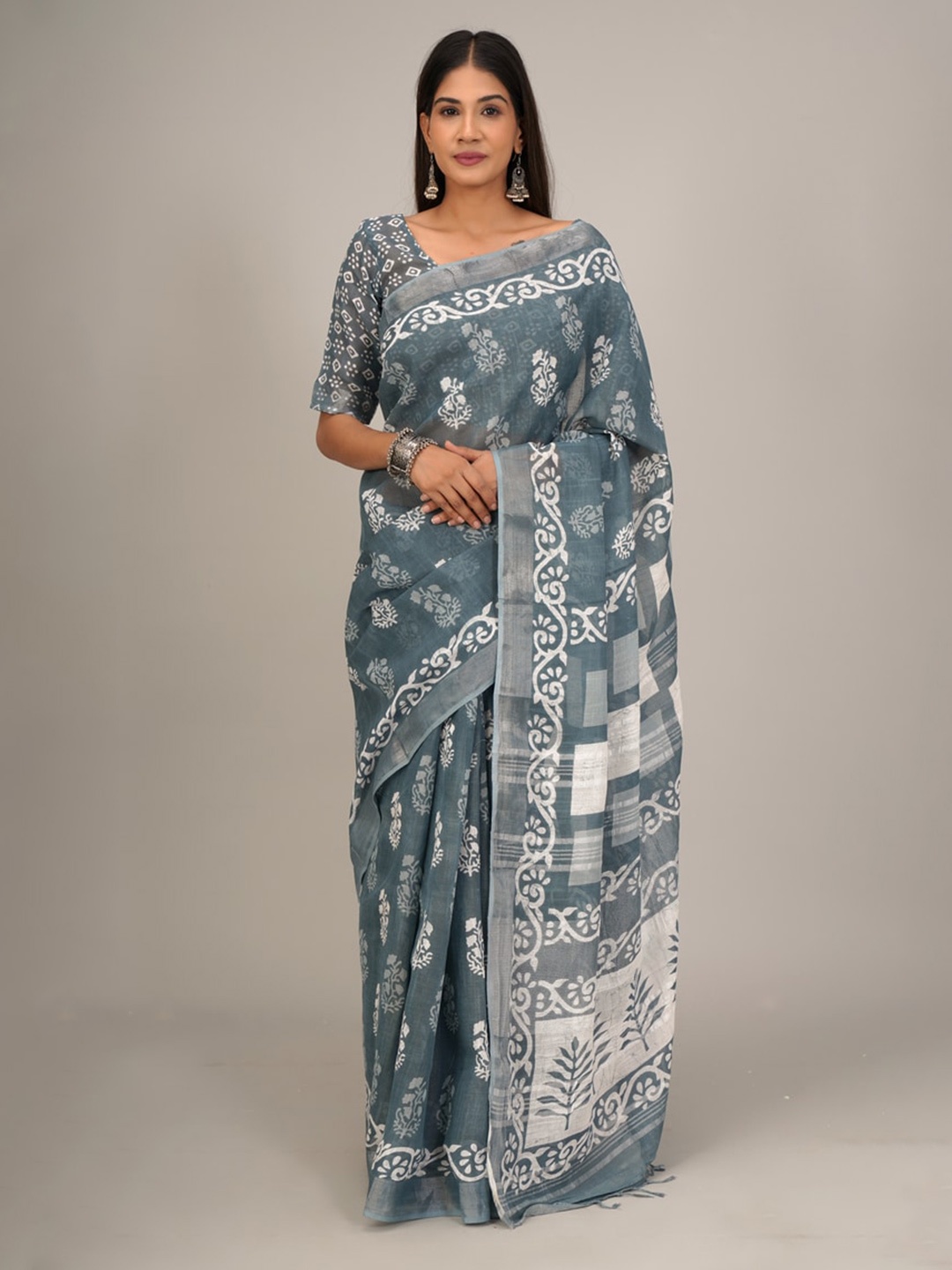 

clothonus Ethnic Motifs Printed Zari Block Print Saree, Grey