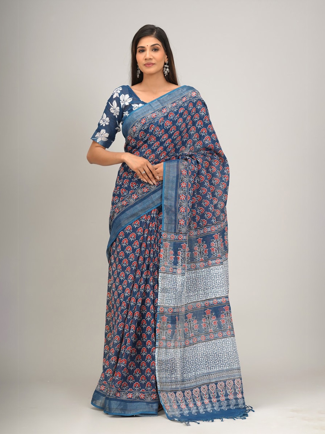 

clothonus Ethnic Motifs Printed Zari Block Print Saree, Blue