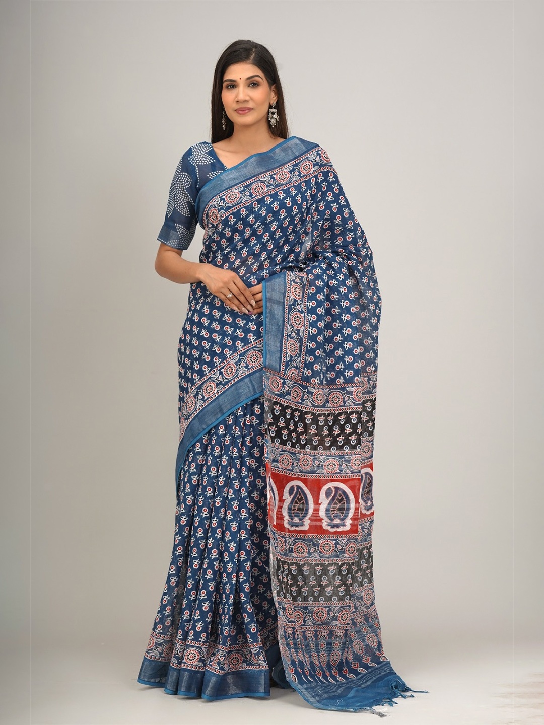 

clothonus Ethnic Motifs Printed Zari Block Print Saree, Blue