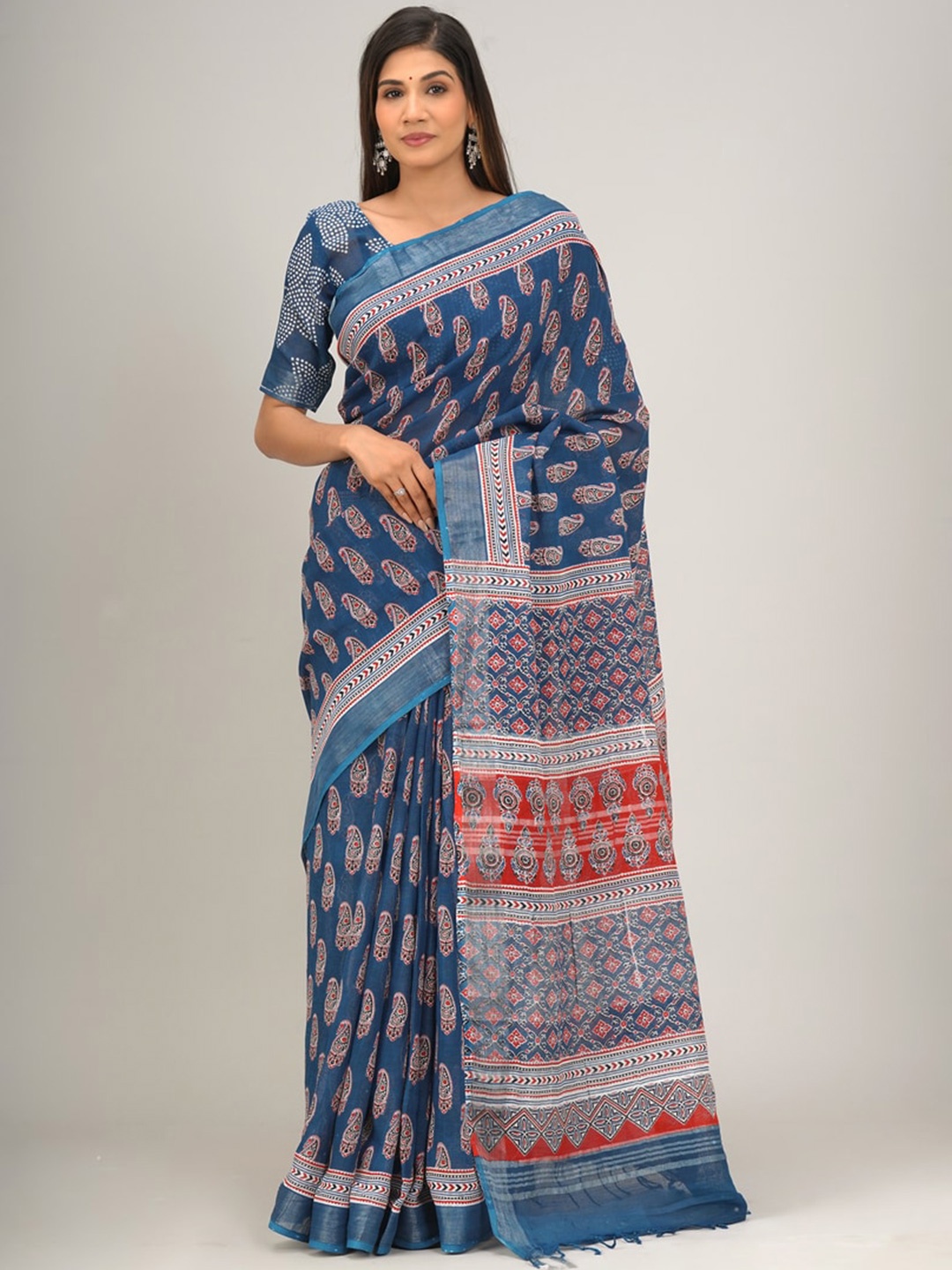 

clothonus Ethnic Motifs Printed Zari Block Print Saree, Blue