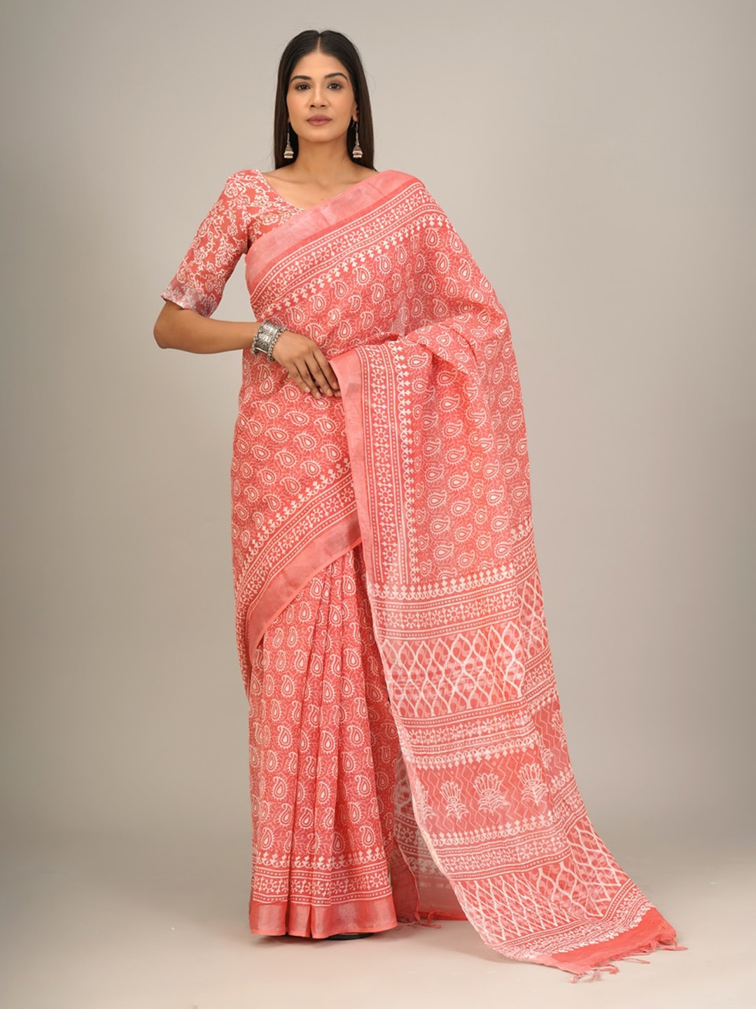 

clothonus Ethnic Motifs Printed Zari Block Print Saree, Pink