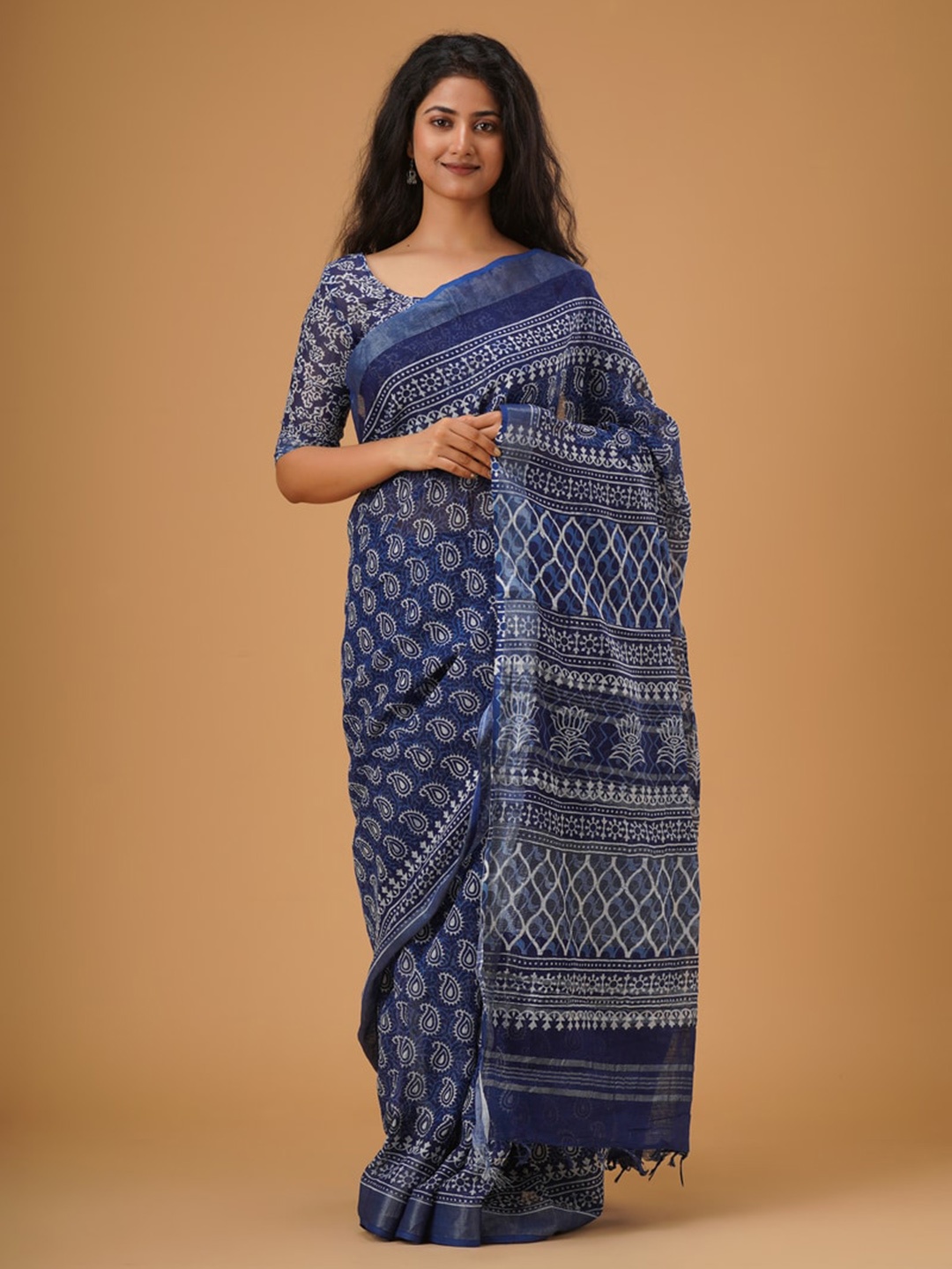 

clothonus Ethnic Motifs Printed Zari Block Print Saree, Blue