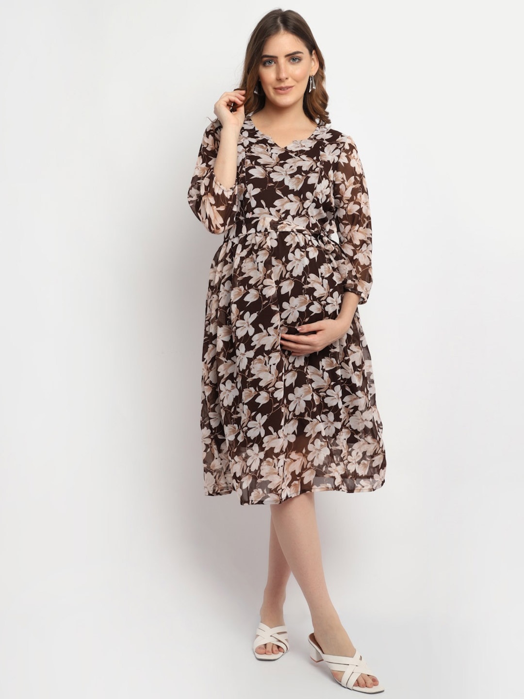 

Moms Maternity Floral Print Georgette Fit & Flare Midi Dress, Brown