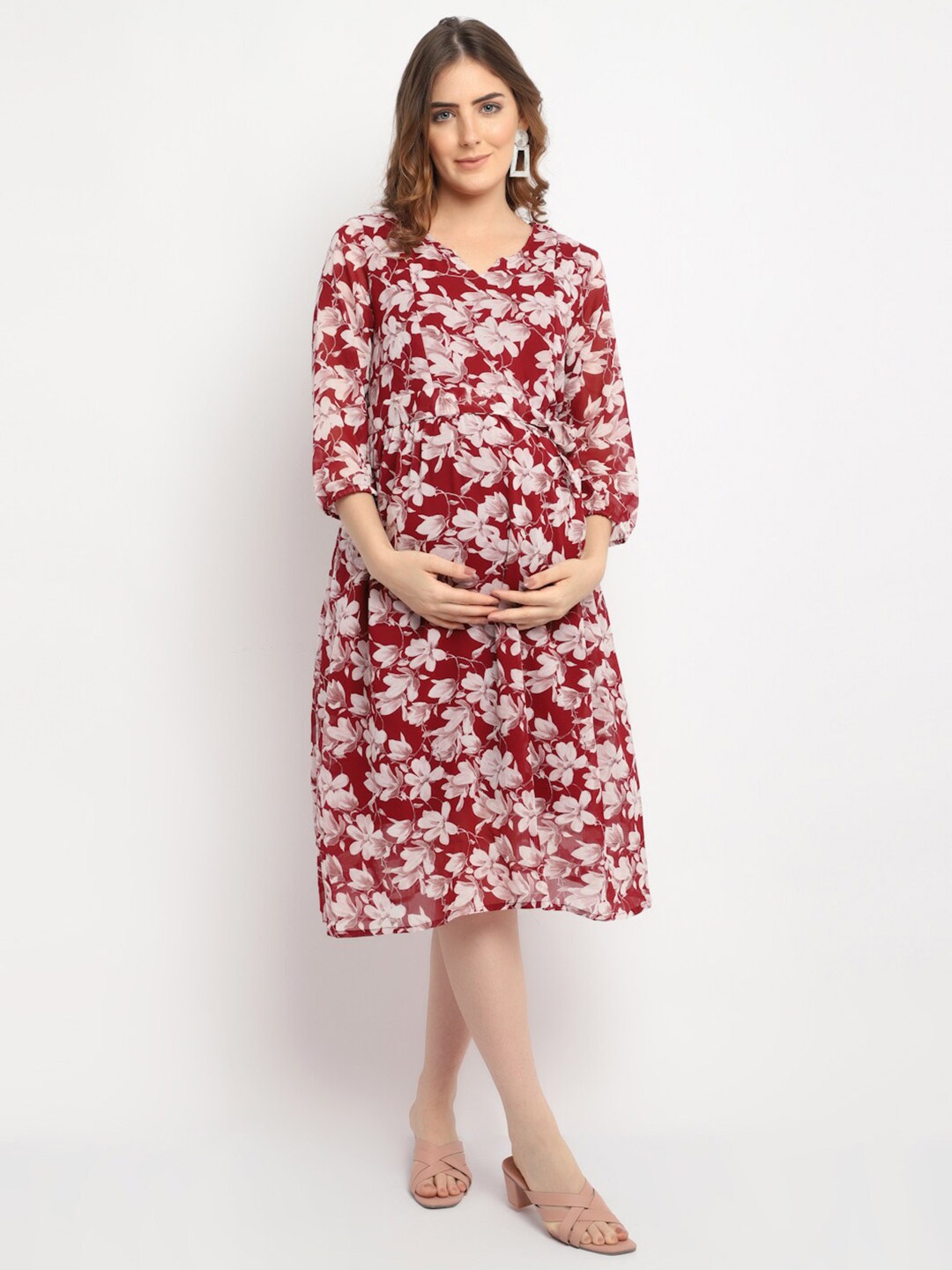 

Moms Maternity Floral Print Georgette Fit & Flare Midi Dress, Maroon