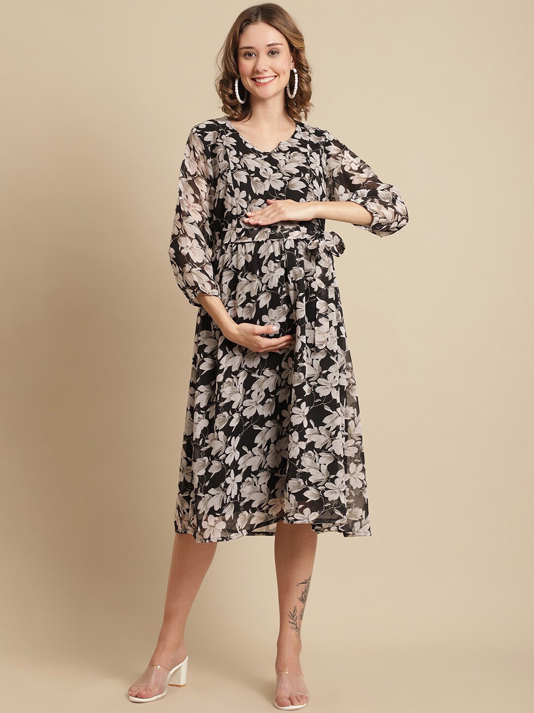 Moms Maternity Floral Print Georgette Fit & Flare Midi Dress, Black