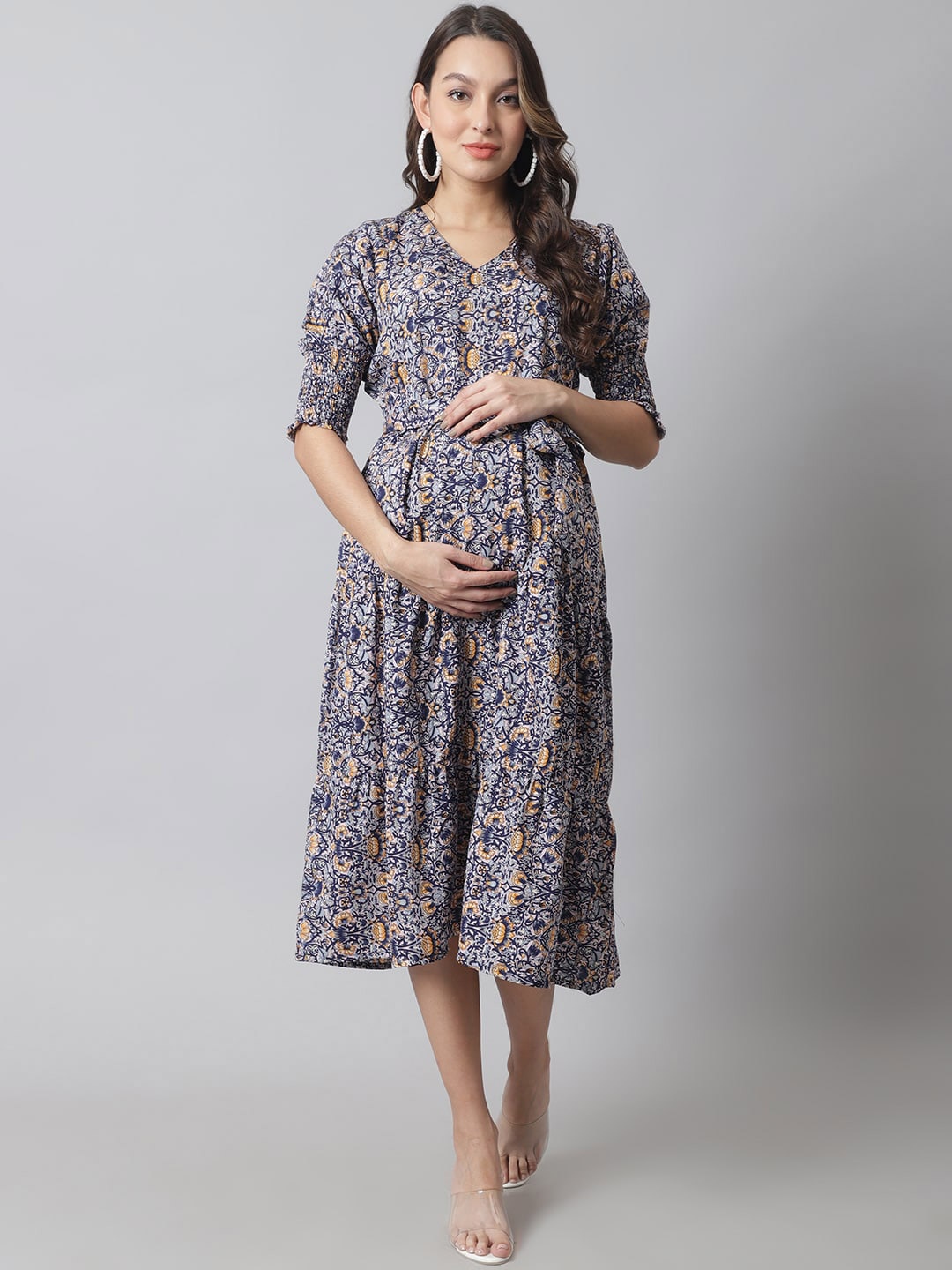 

Moms Maternity Floral Print Fit & Flare Midi Dress, Navy blue