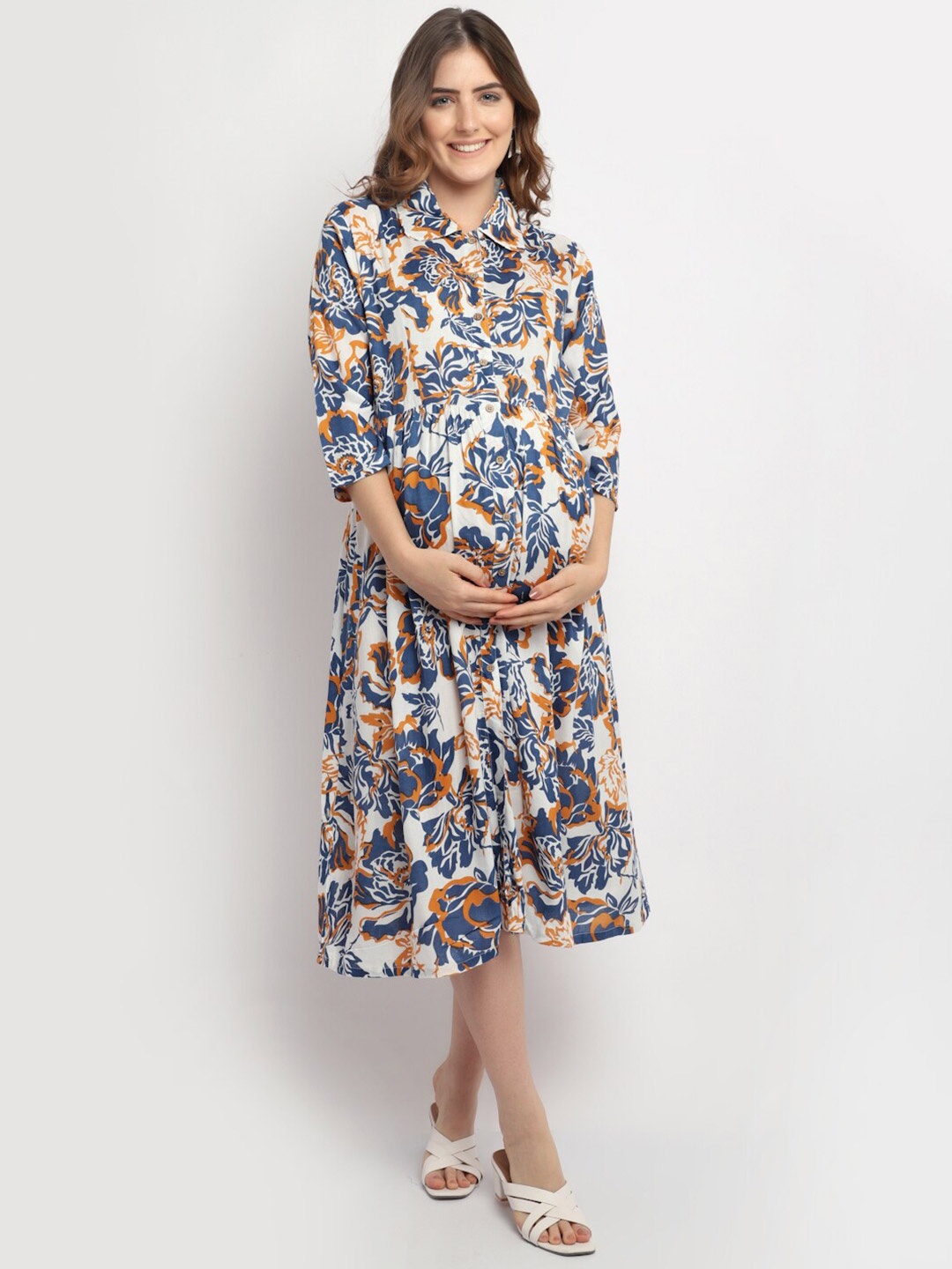 

Moms Maternity Floral Print Maternity Shirt Midi Dress, Blue