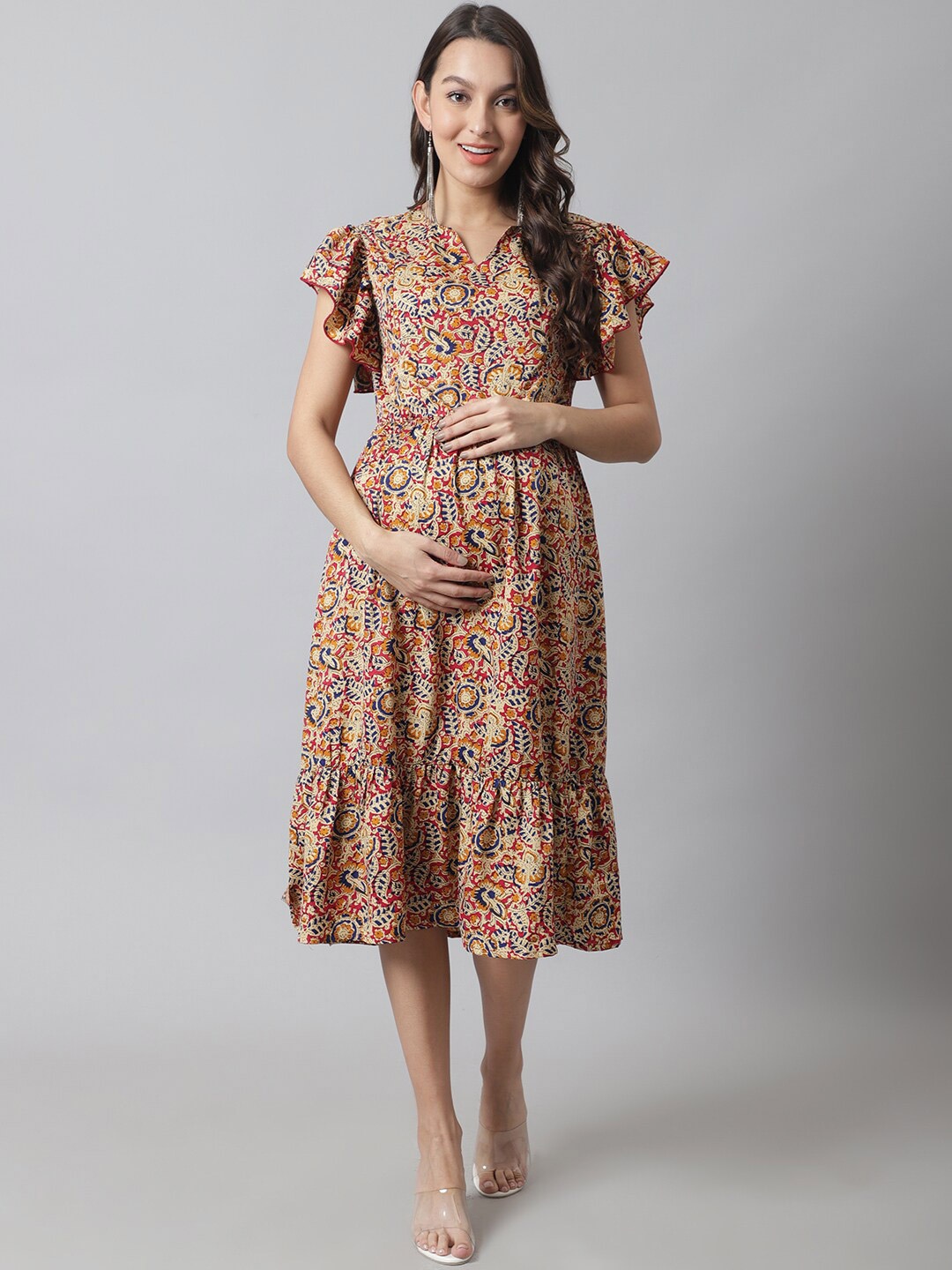 

Moms Maternity Floral Print Flutter Sleeve Maternity Fit & Flare Midi Dress, Yellow