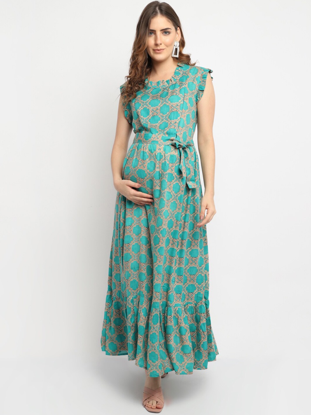 

Moms Maternity Geometric Print Fit & Flare Maxi Dress, Sea green
