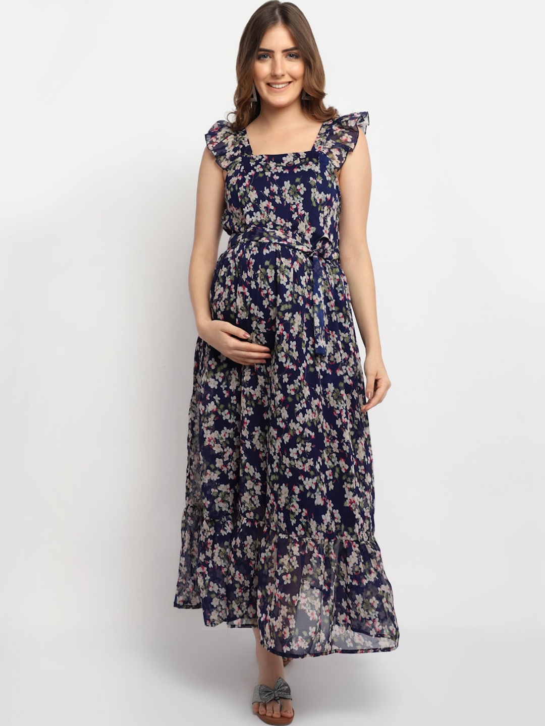 Moms Maternity Floral Print Flutter Sleeve Georgette Maternity Maxi Dress, Navy blue