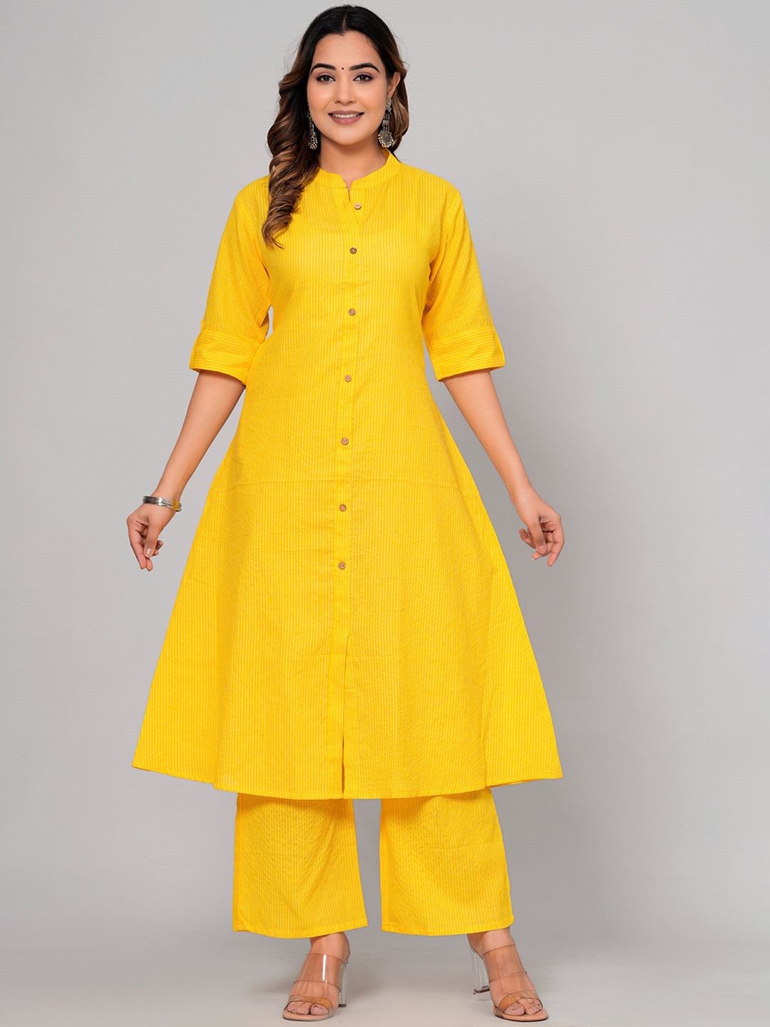

SIJOPA Regular Pure Cotton A Line Kurta With Palazzo, Mustard