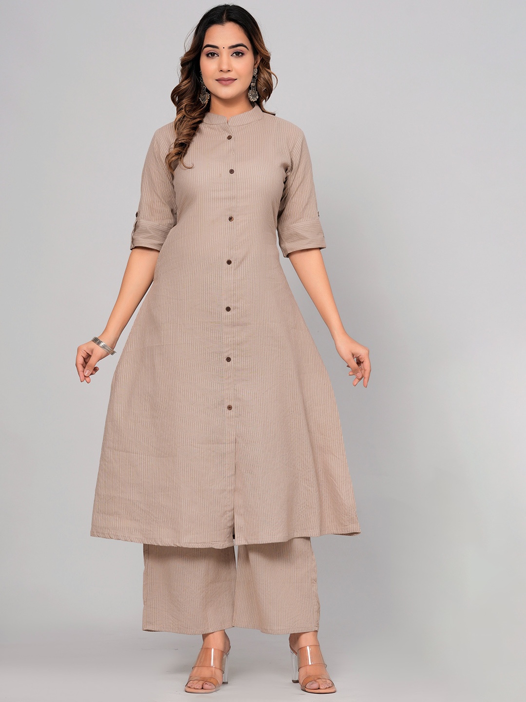 

SIJOPA Regular Pure Cotton A Line Kurta With Palazzo, Camel brown