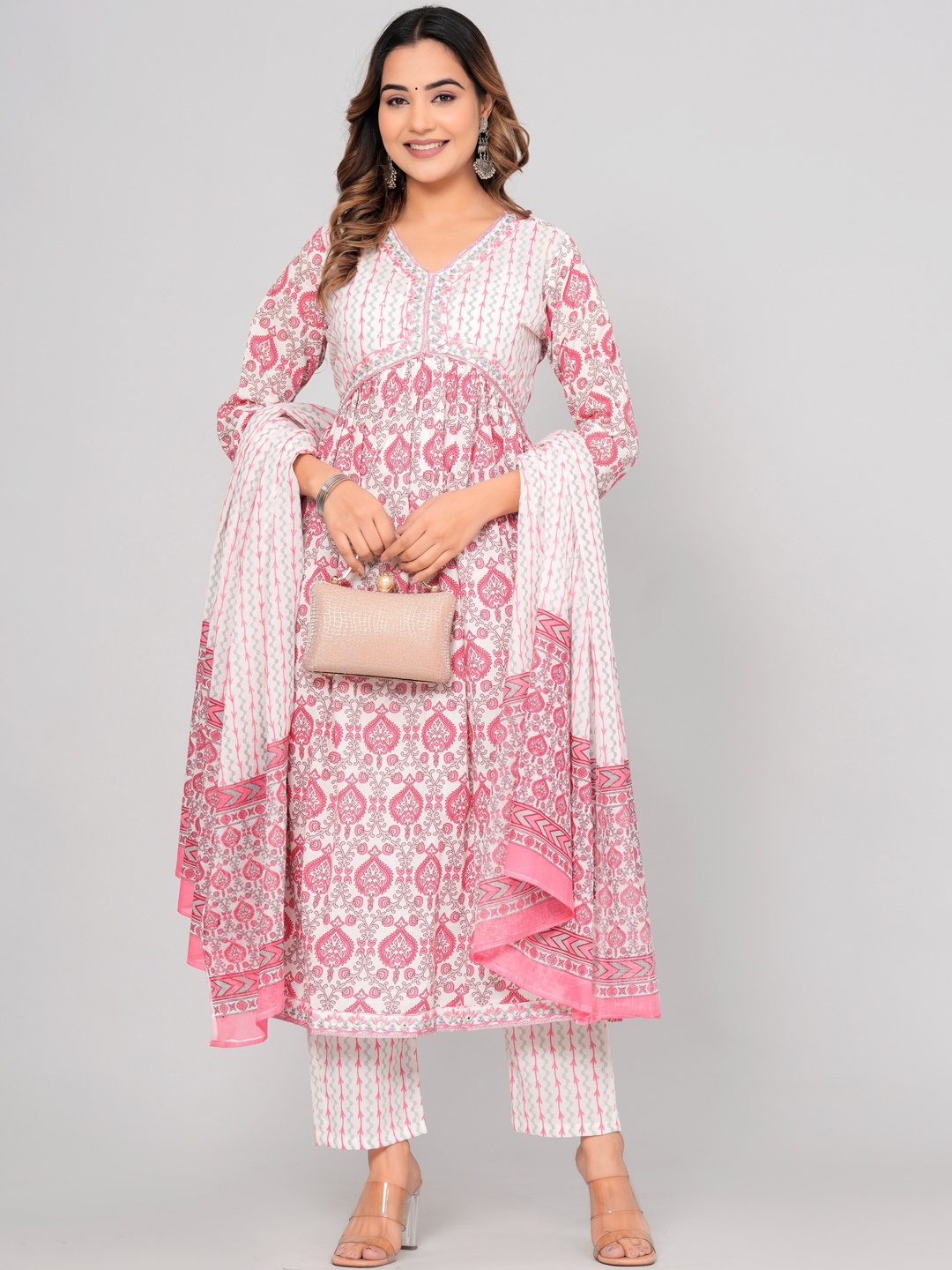 

SIJOPA Floral Embroidered Regular Mirror Work Pure Cotton Kurta With Trouser & Dupatta, Pink