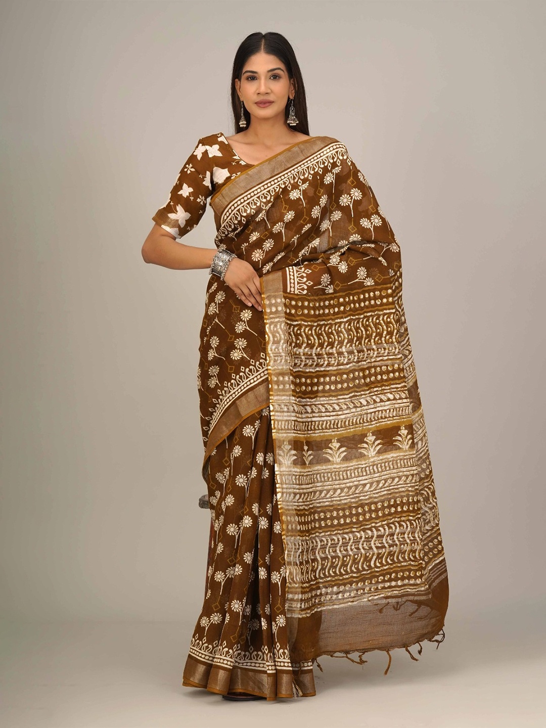 

KIAARON Ethnic Motifs Printed Zari Cotton Ikat Saree, Mustard