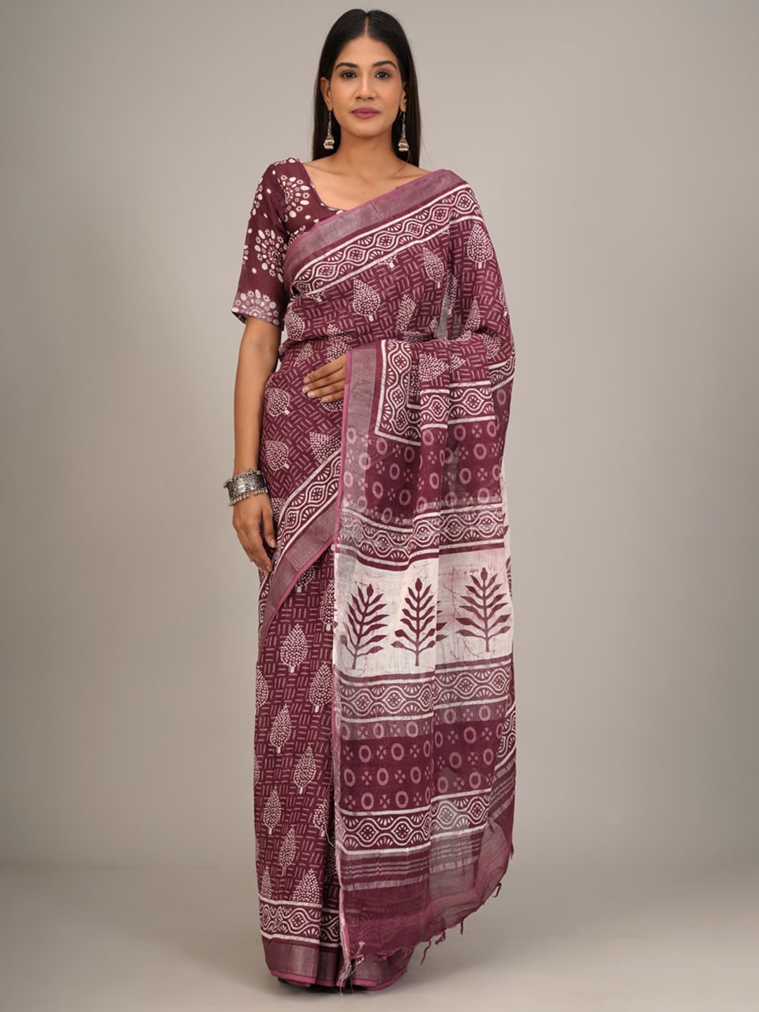 

KIAARON Ethnic Motifs Printed Zari Cotton Saree, Purple