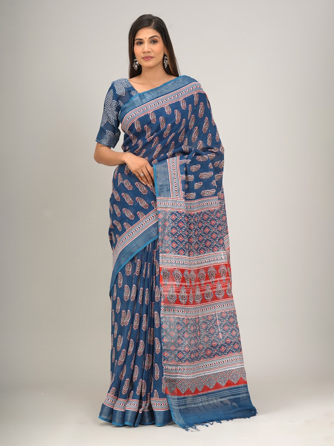 

KIAARON Ethnic Motifs Block Printed Saree, Blue