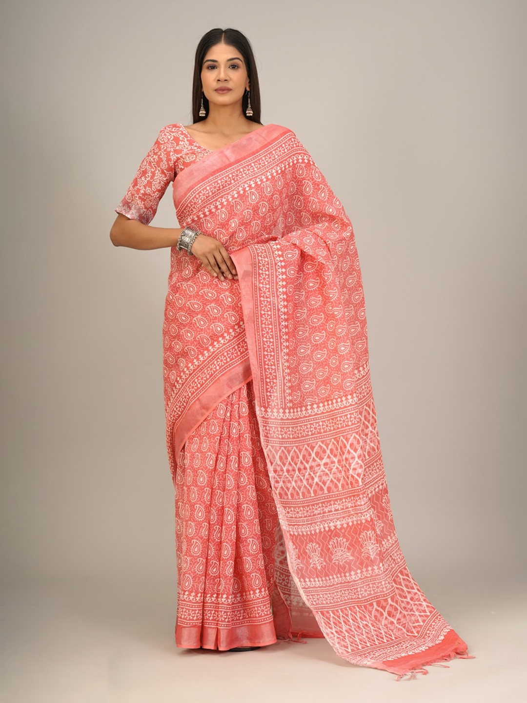 

KIAARON Ethnic Motifs Zari Block Printed Saree, Pink