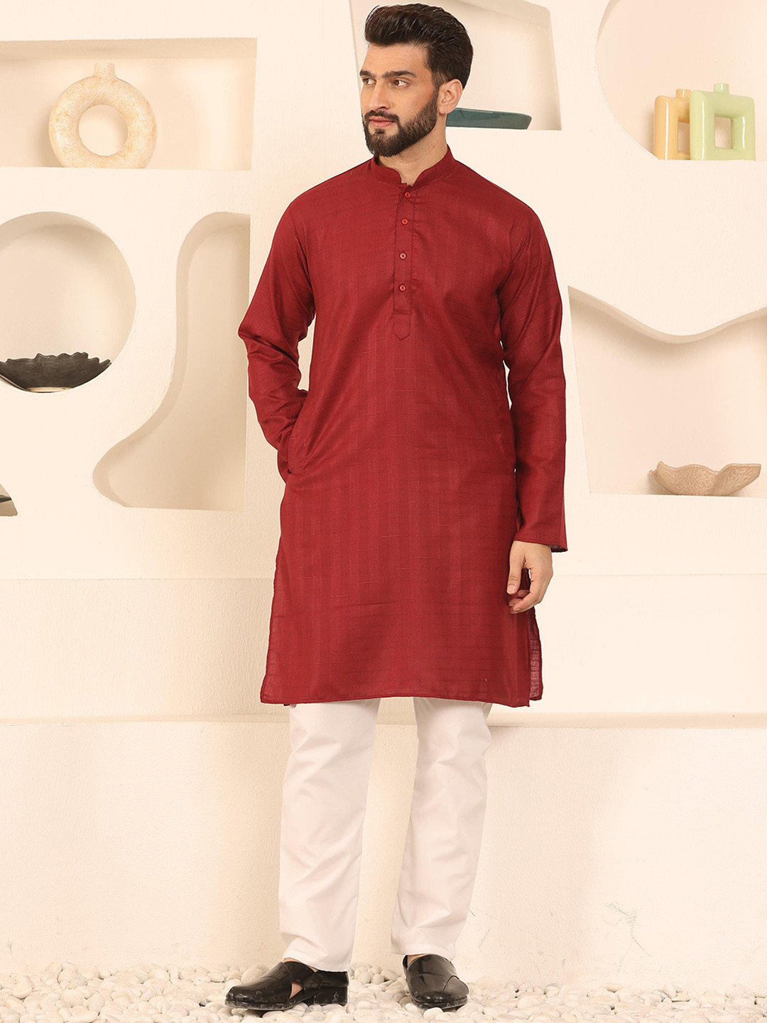 

Armaan Ethnic Textured Regular Mandarin Collar Pure Cotton Kurta With Pyjamas, Red