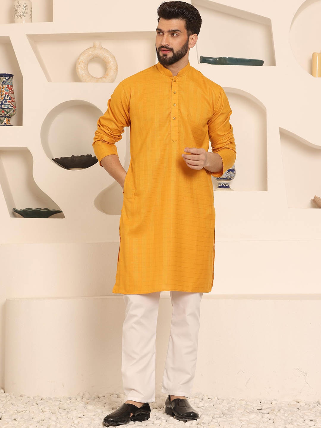 

Armaan Ethnic Regular Mandarin Collar Pure Cotton Kurta With Pyjamas, Mustard