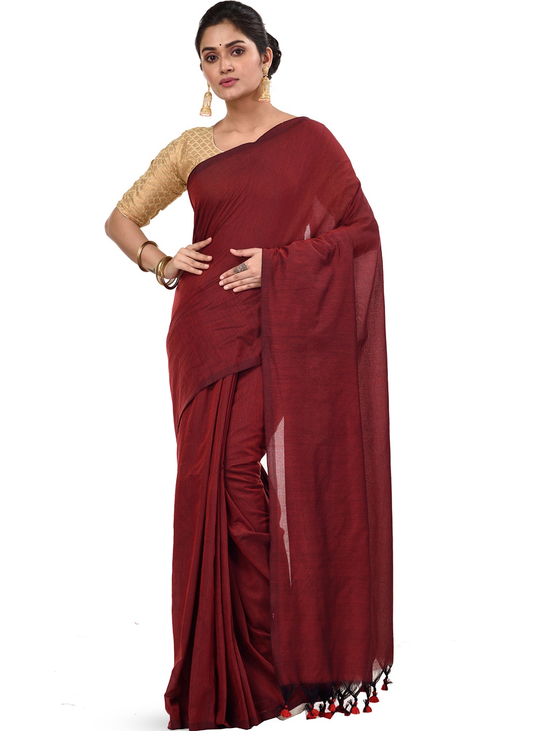 

PuJoy Self Design Taant Saree, Brown