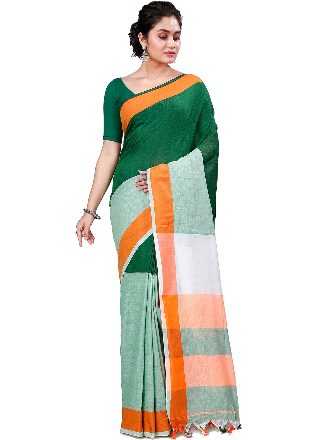 

PuJoy Pure Cotton Taant Saree, Green