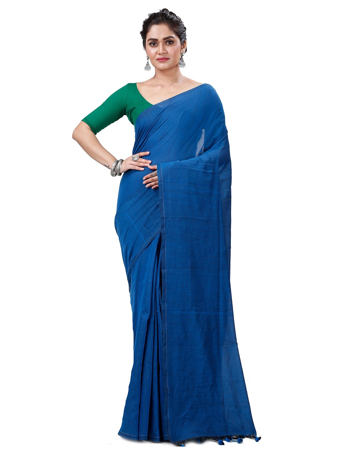 

PuJoy Pure Cotton Taant Saree, Blue