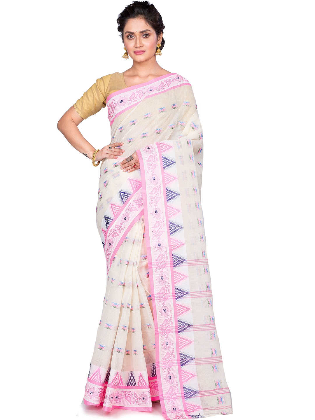 

PuJoy Ethnic Motifs Woven Design Pure Cotton Taant Saree, Pink