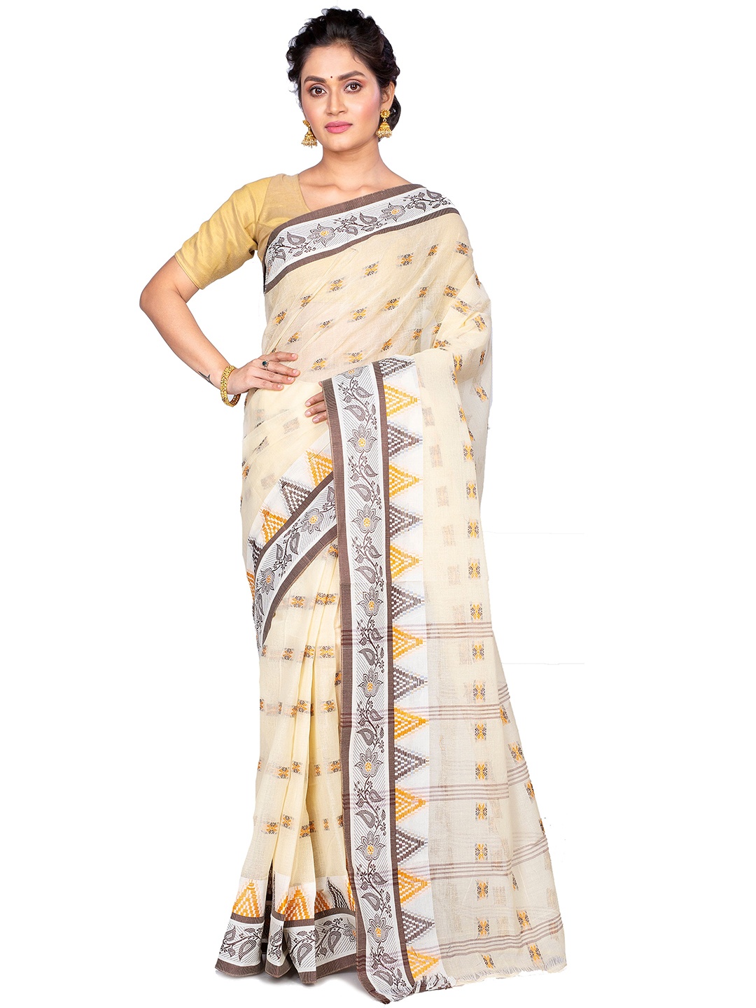 

PuJoy Geometric Pure Cotton Taant Saree, Brown