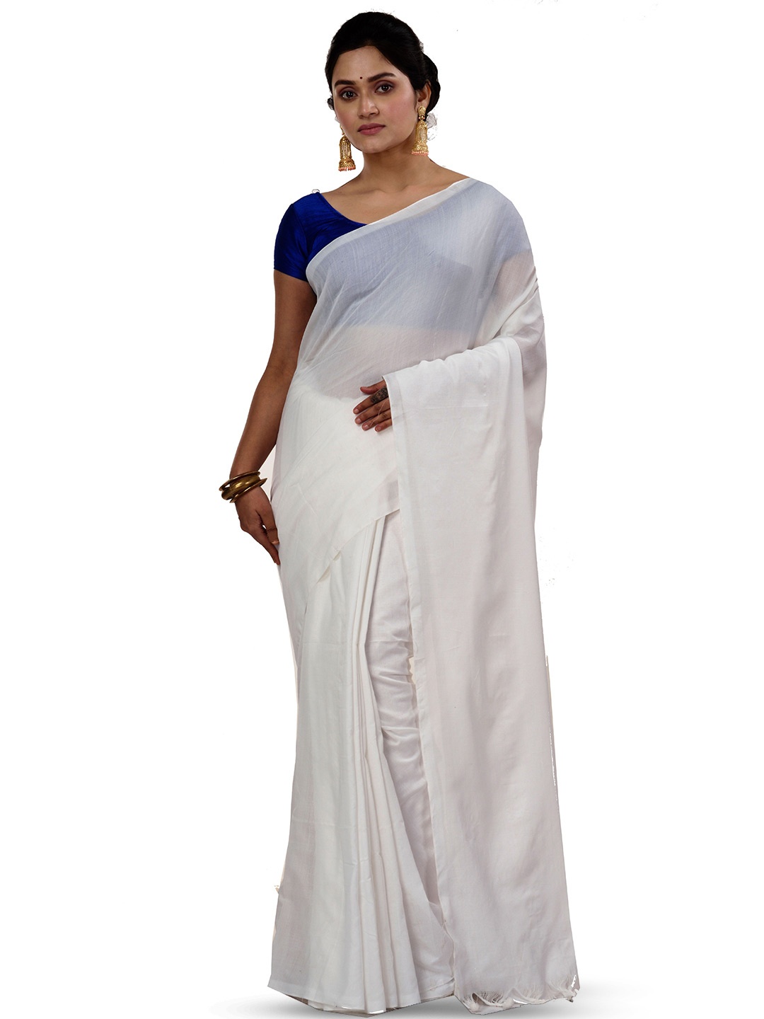 

PuJoy Pure Cotton Plain Bengali Taant Saree, White
