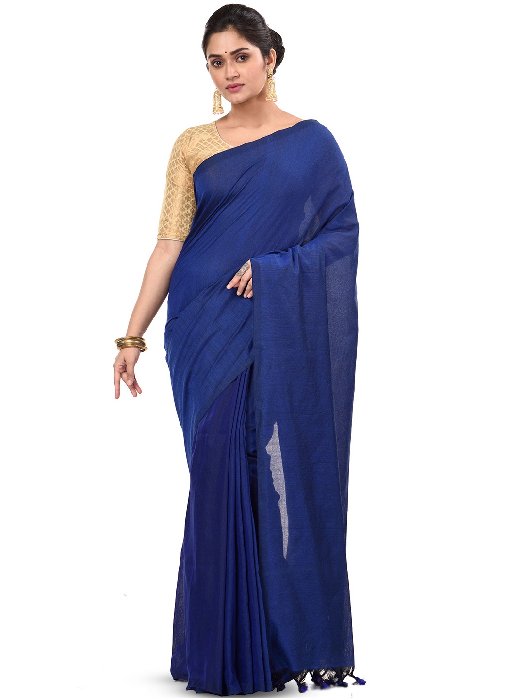 

PuJoy Woven Design Pure Cotton Taant Saree, Navy blue