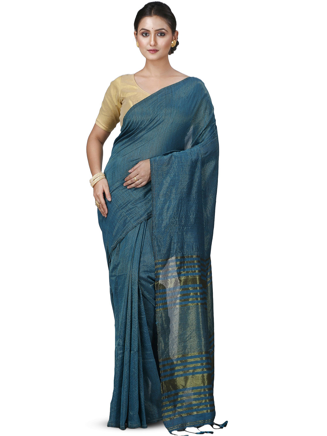 

PuJoy Striped Zari Pure Cotton Taant Saree, Green
