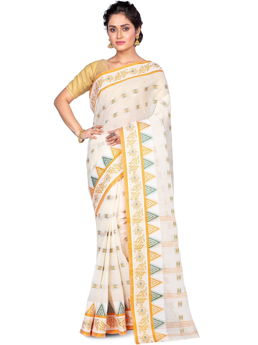 

PuJoy Ethnic Motifs Woven Design Pure Cotton Taant Saree, Yellow