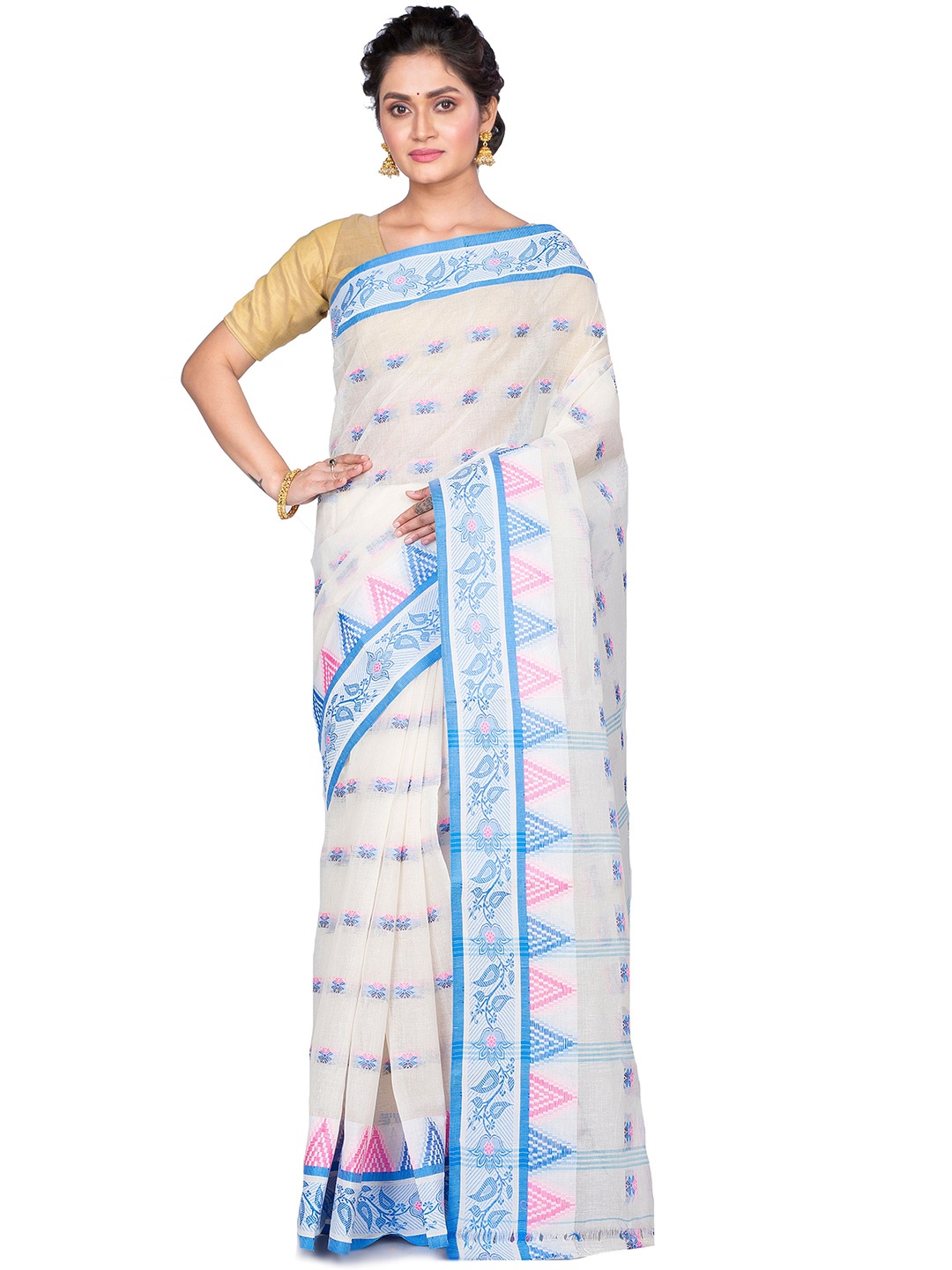 

PuJoy Ethnic Motifs Woven Design Pure Cotton Taant Saree, Blue