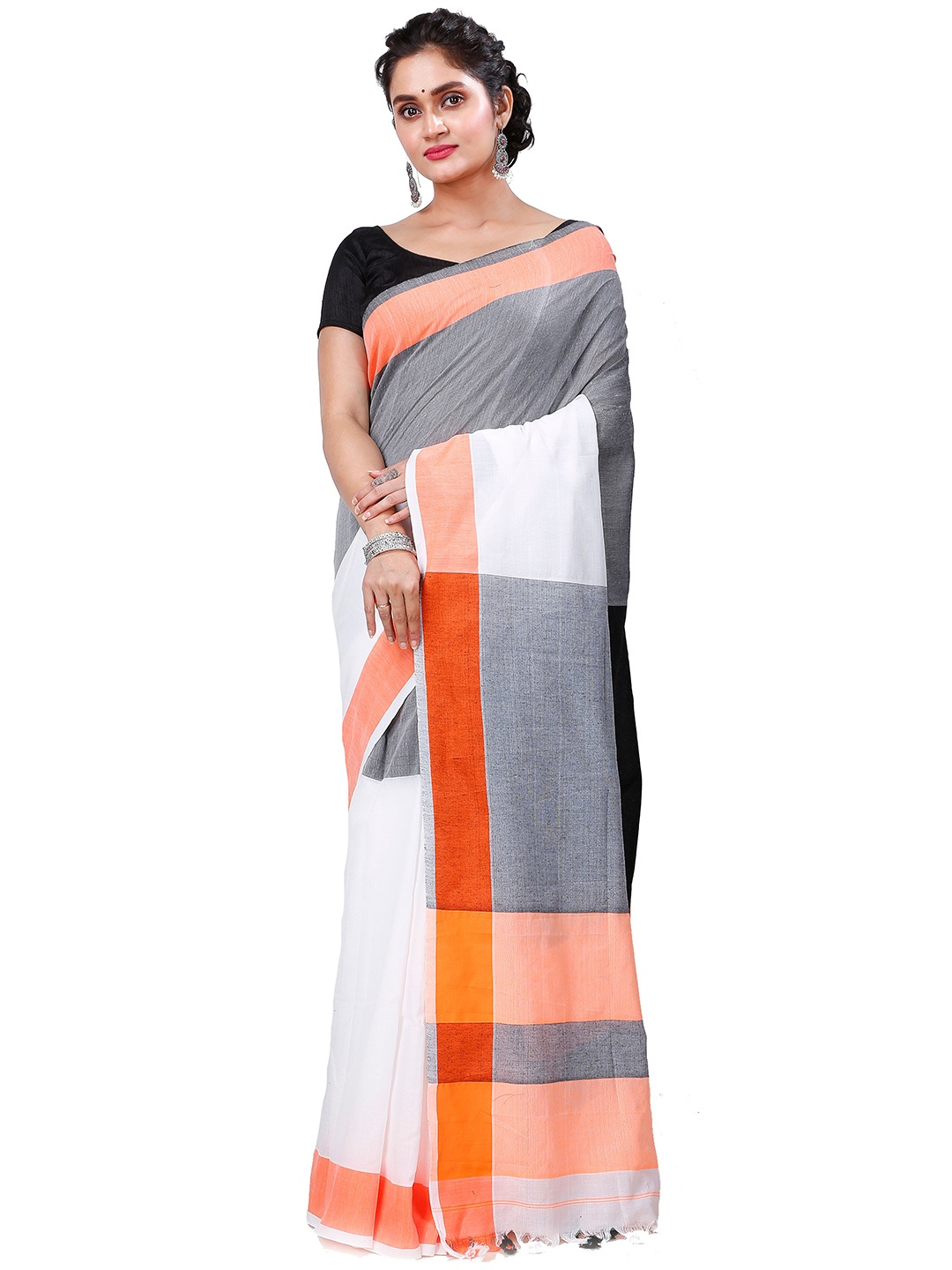 

PuJoy Colourblocked Printed Pure Cotton Taant Saree, Grey