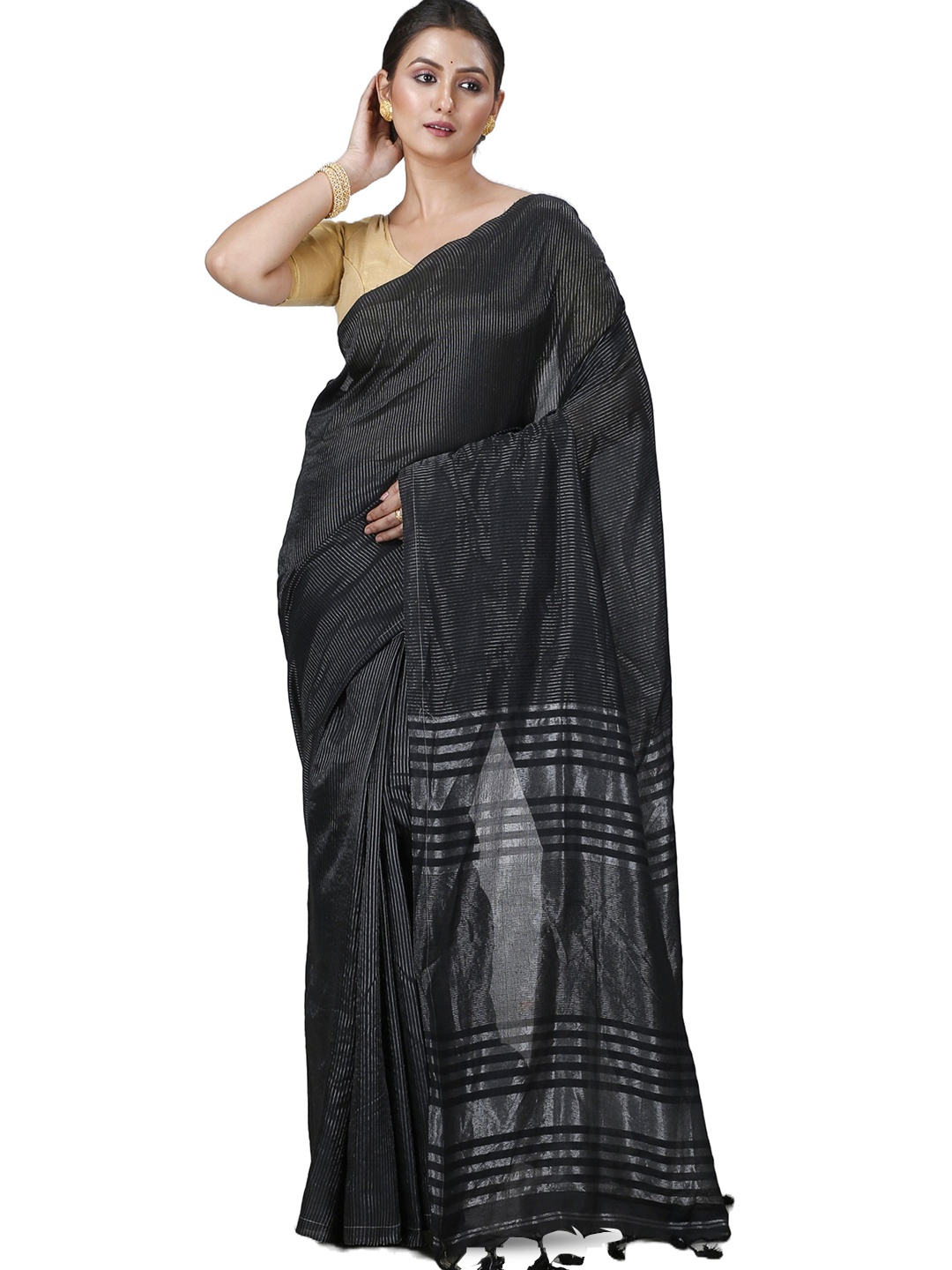 

PuJoy Striped Woven Design Zari Pure Cotton Taant Saree, Black