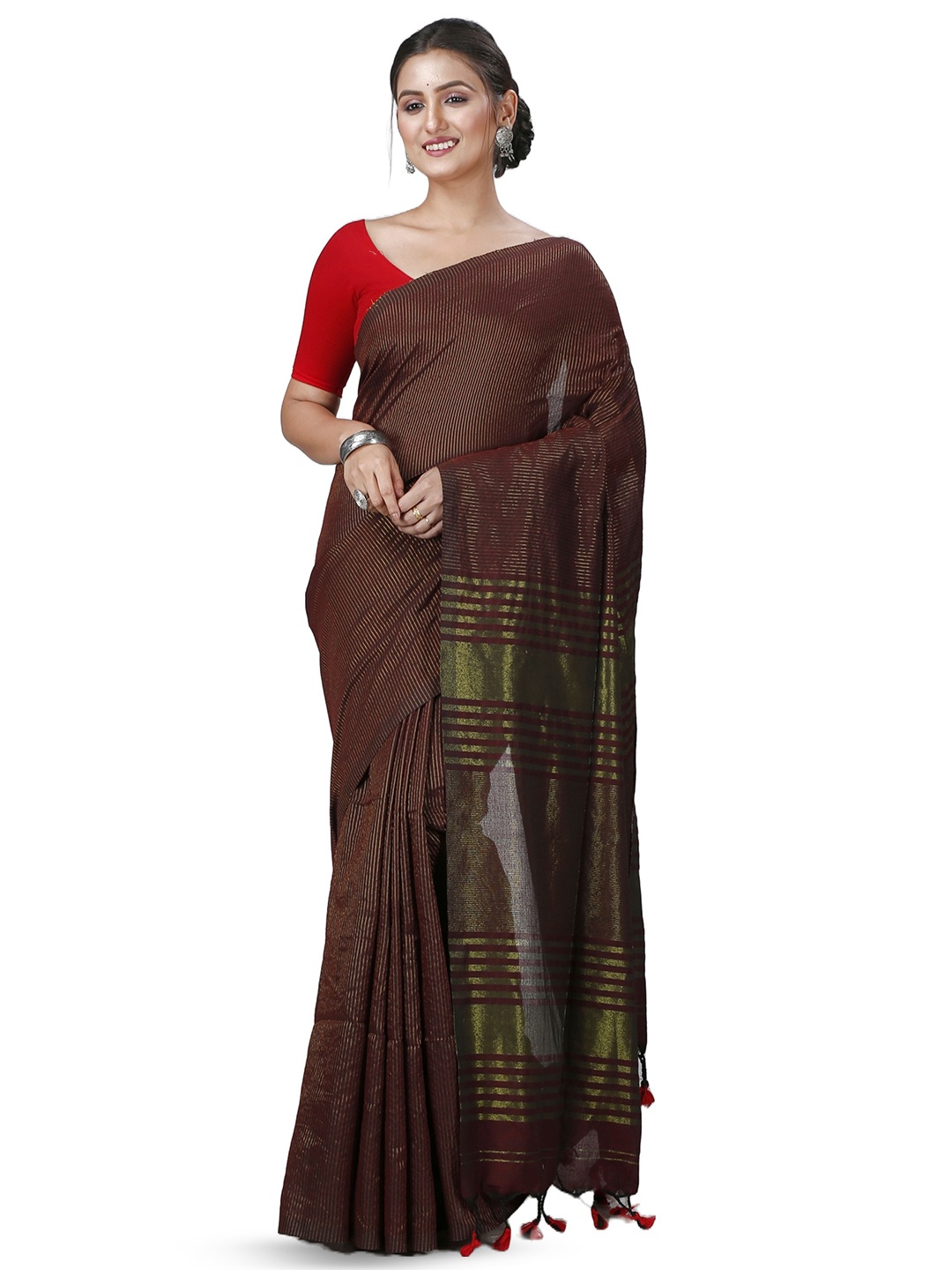 

PuJoy Striped Zari Pure Cotton Taant Saree, Brown