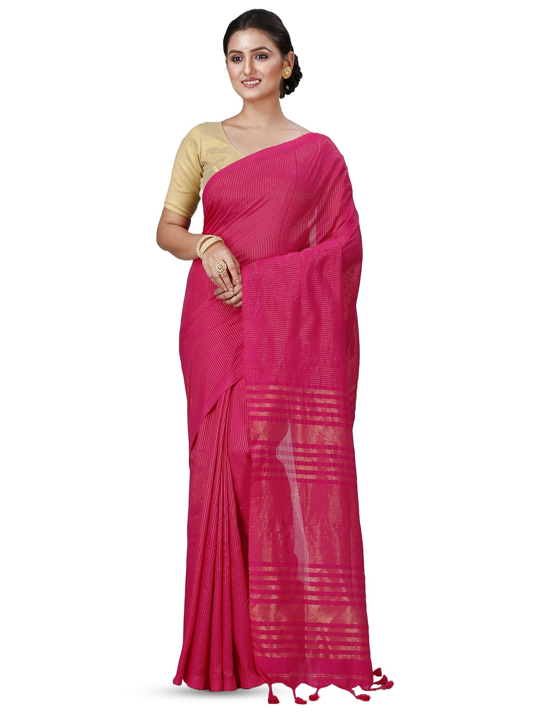 

PuJoy Striped Zari Pure Cotton Taant Saree, Pink