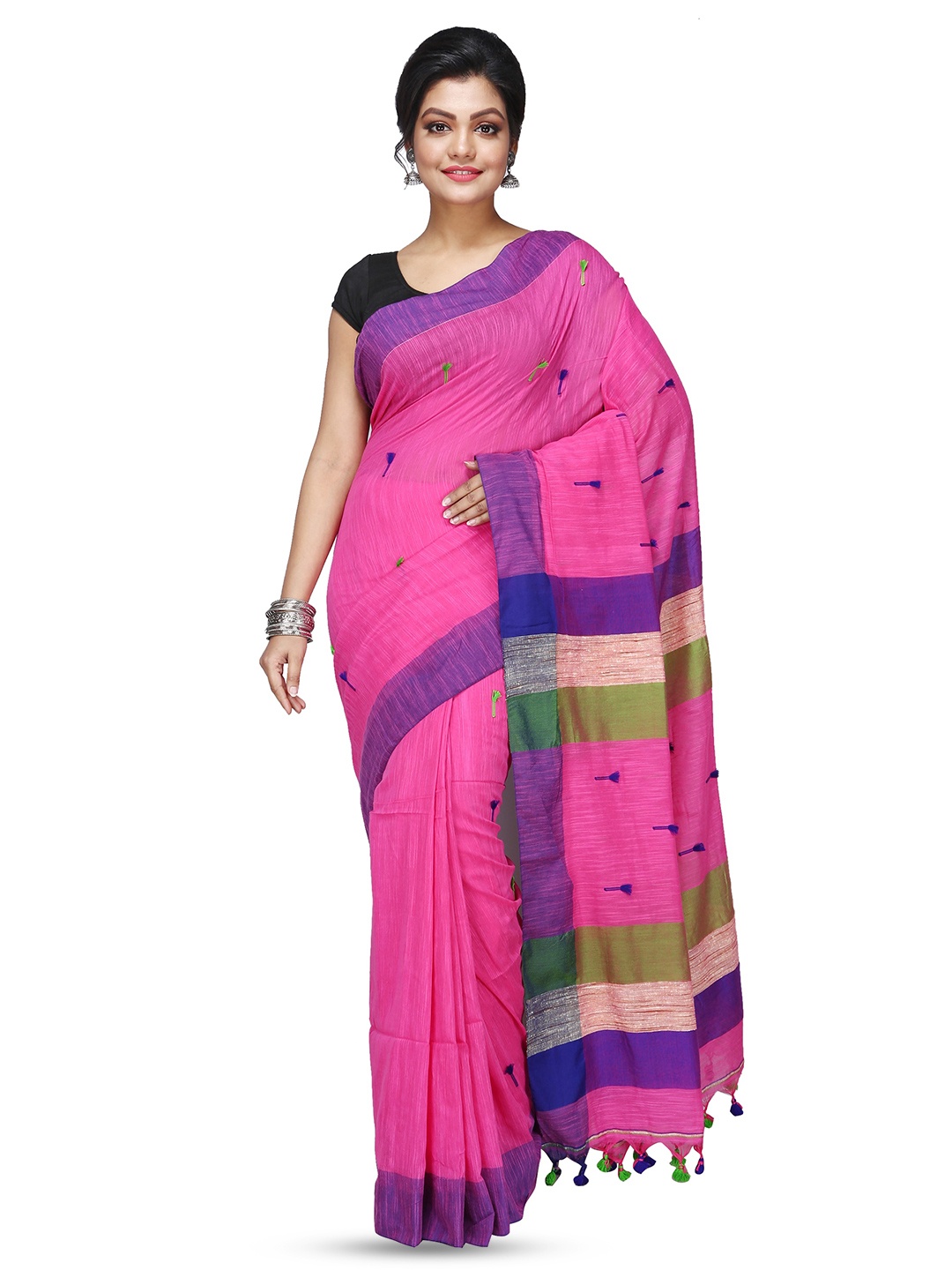 

PuJoy Ethnic Motifs Pure Cotton Taant Saree, Pink