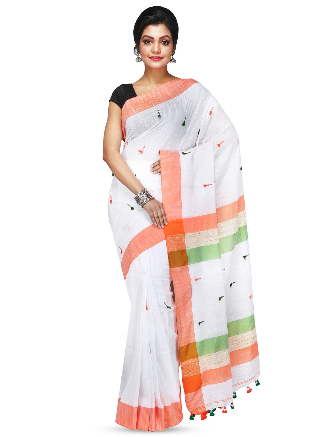 

PuJoy Ethnic Motifs Woven Design Pure Cotton Taant Saree, White