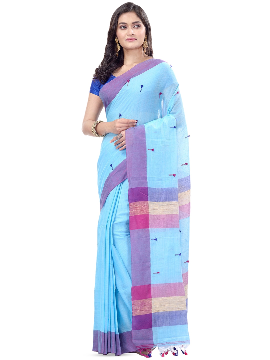 

PuJoy Woven Design Embellished Pure Cotton Taant Saree, Blue