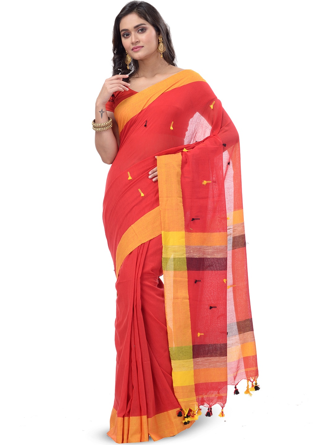

PuJoy Striped Woven Design Embroidered Pure Cotton Taant Saree, Red