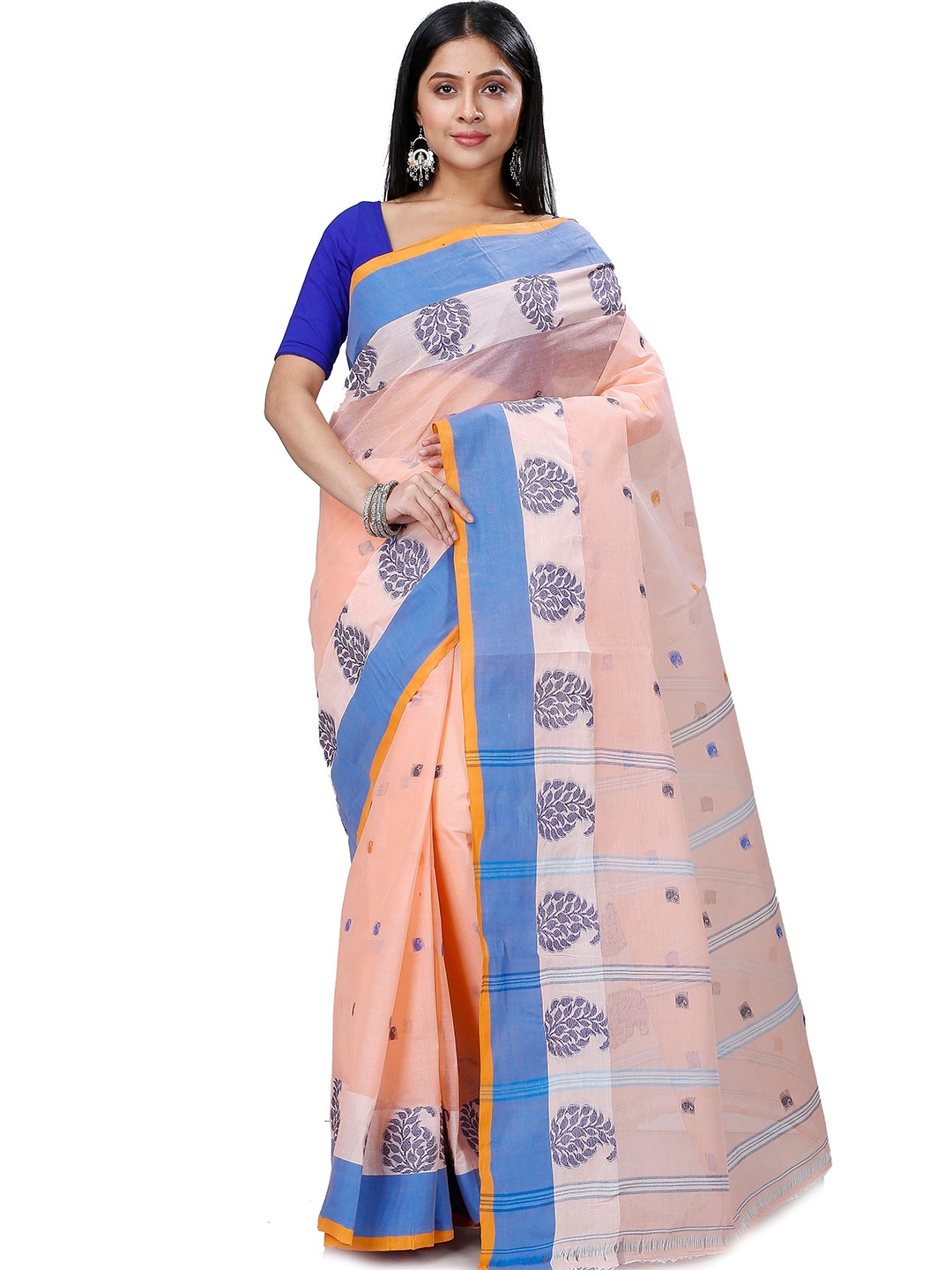 

PuJoy Woven Design Ethnic Motifs Pure Cotton Taant Saree, Pink